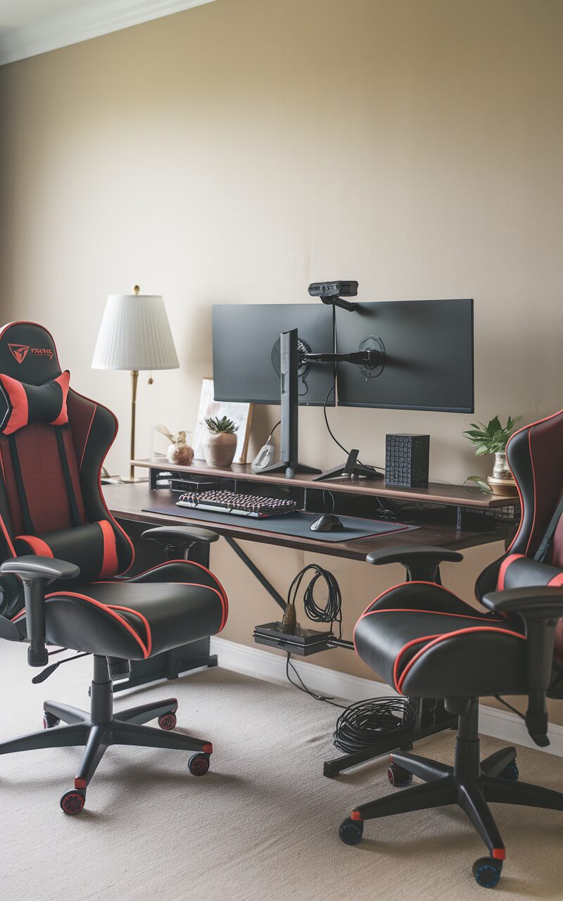 A stylish gaming desk setup for two, featuring two gaming chairs and a monitor.