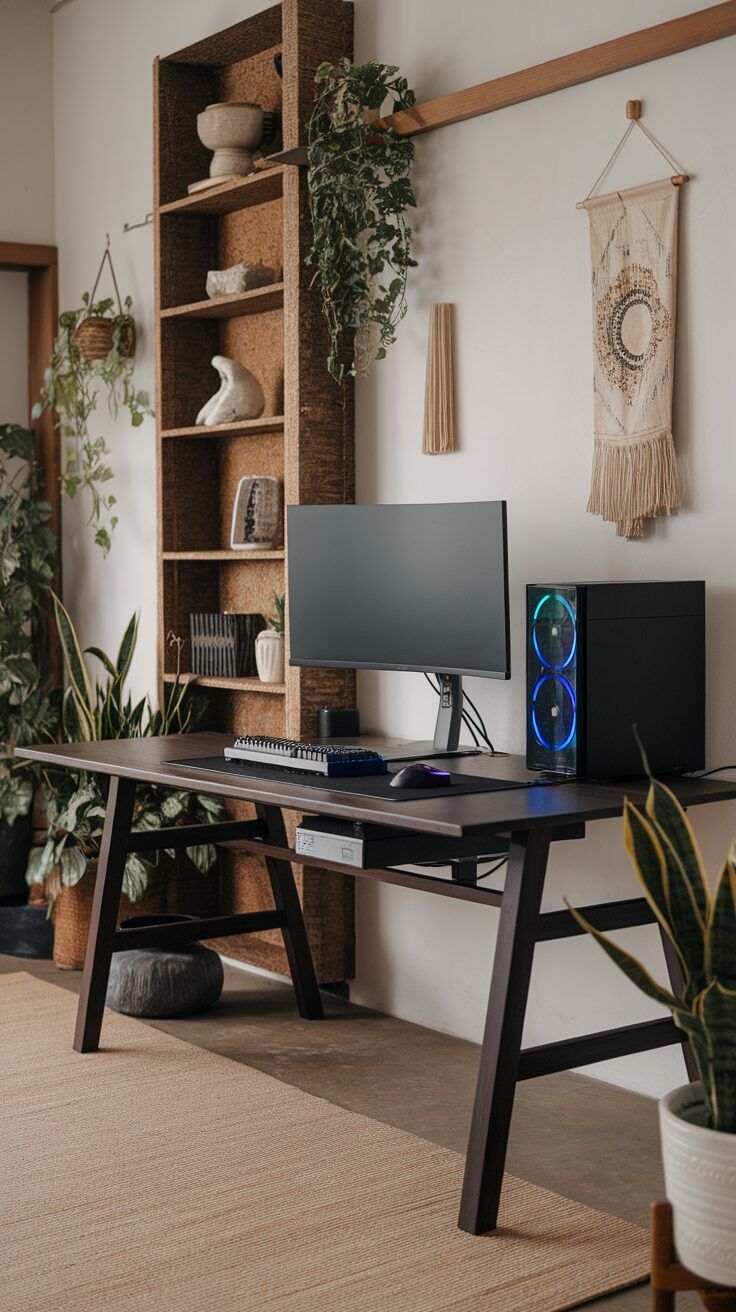 A minimalist gaming desk setup featuring a monitor, keyboard, and colorful PC tower surrounded by plants and natural decor.