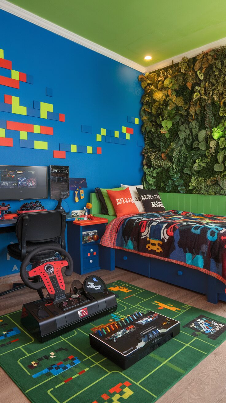 A colorful gamer boy bedroom with blue walls, green ceiling, and gaming setup.