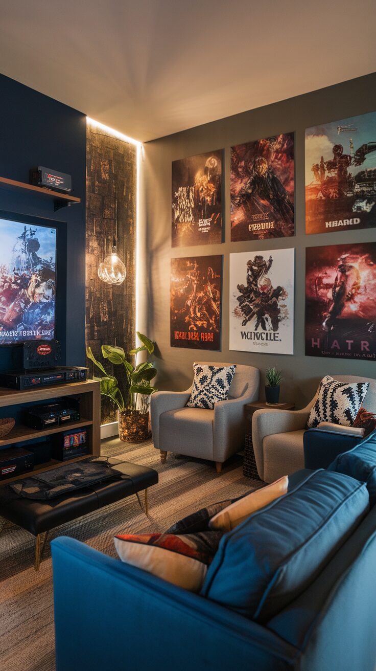 A cozy couple gaming room with stylish seating and game-themed wall art.