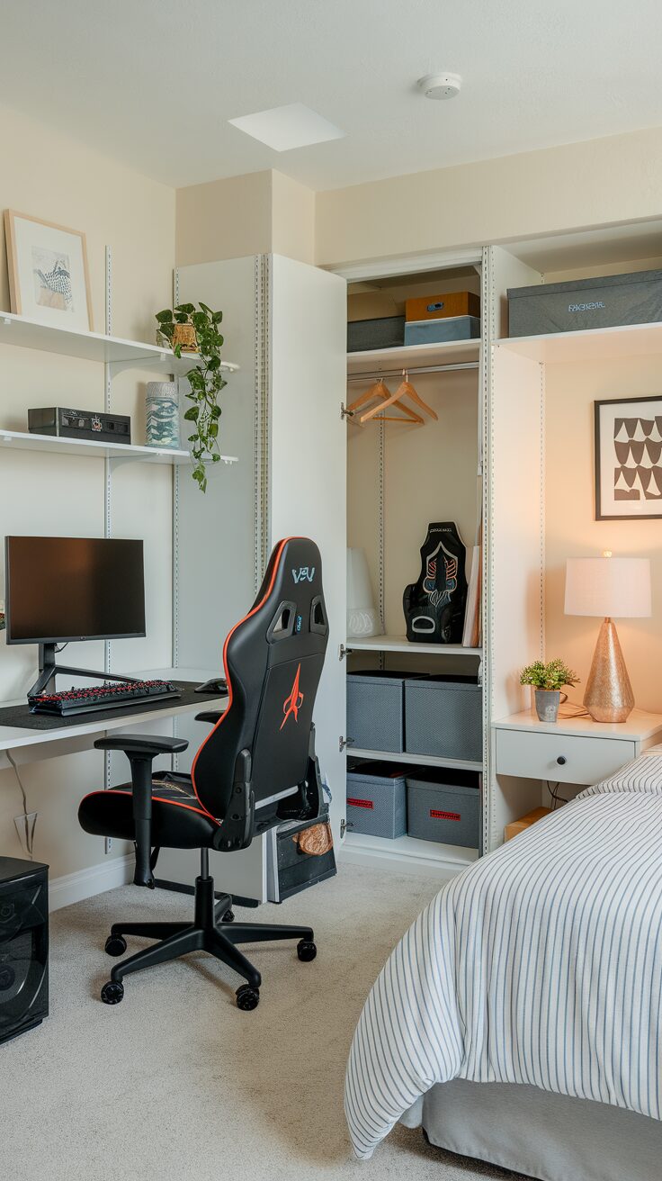 A well-organized gaming corner in a bedroom with a desk, gaming chair, and LED lights.