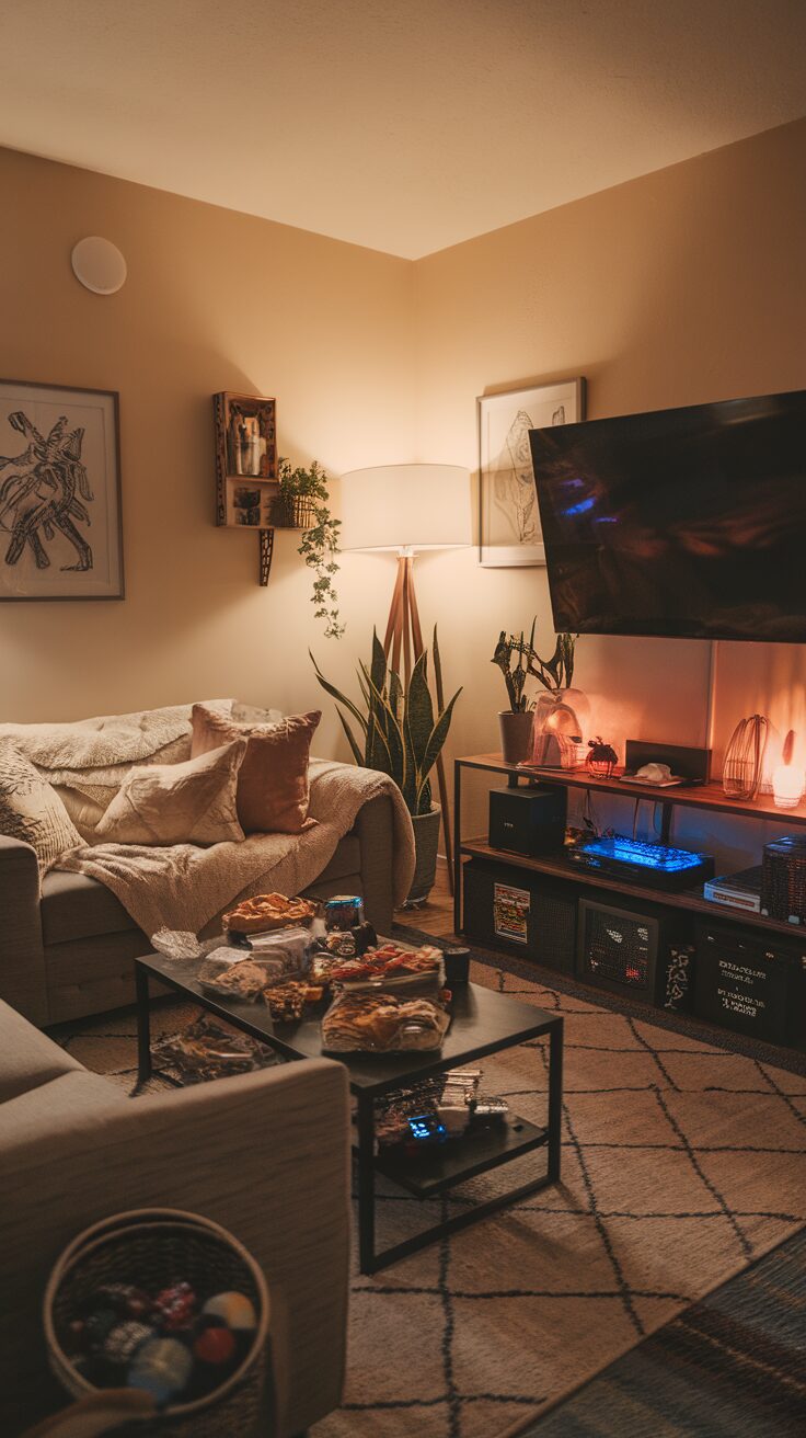 Cozy gaming room setup featuring a comfortable couch, snacks on a coffee table, and soft lighting.