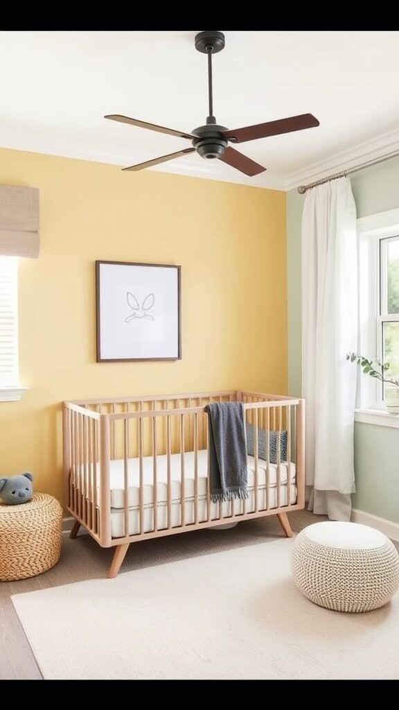 A serene gender-neutral nursery with beige and green walls, featuring a wooden crib and a cozy atmosphere.