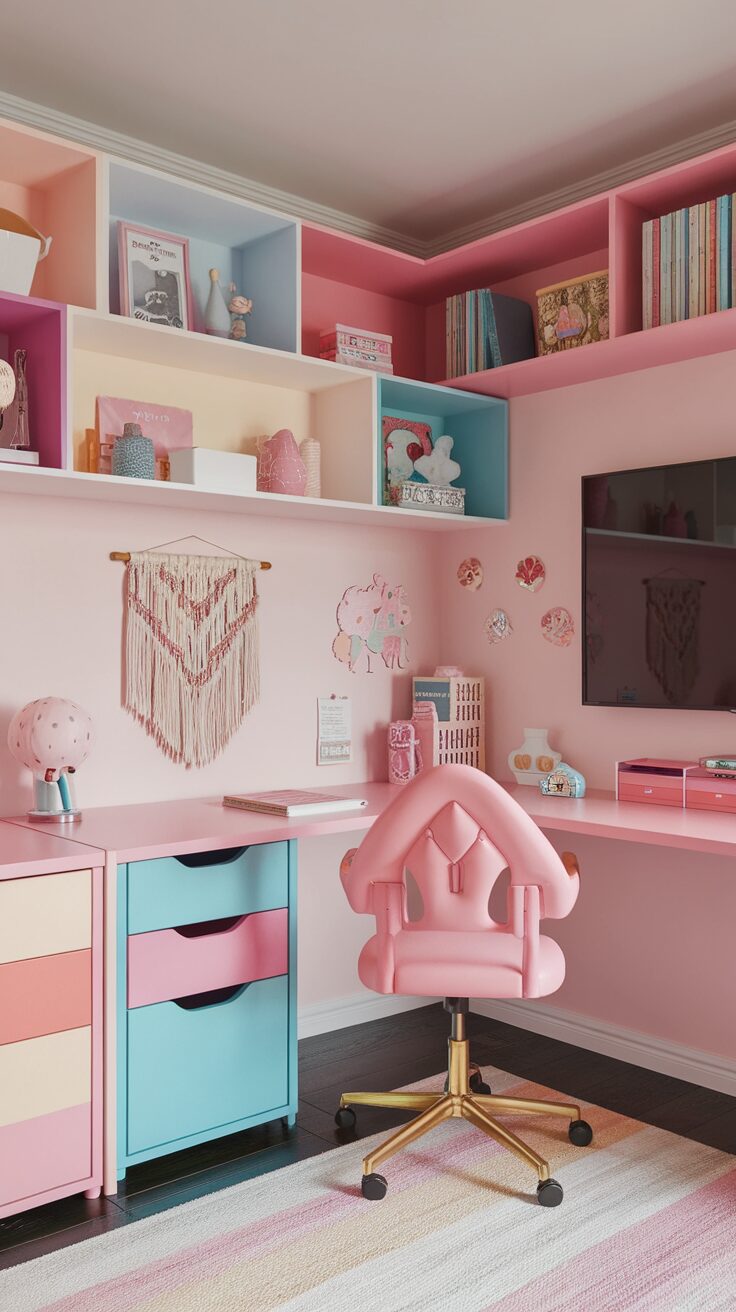 A cozy and colorful girl gaming setup with pink and blue furniture.