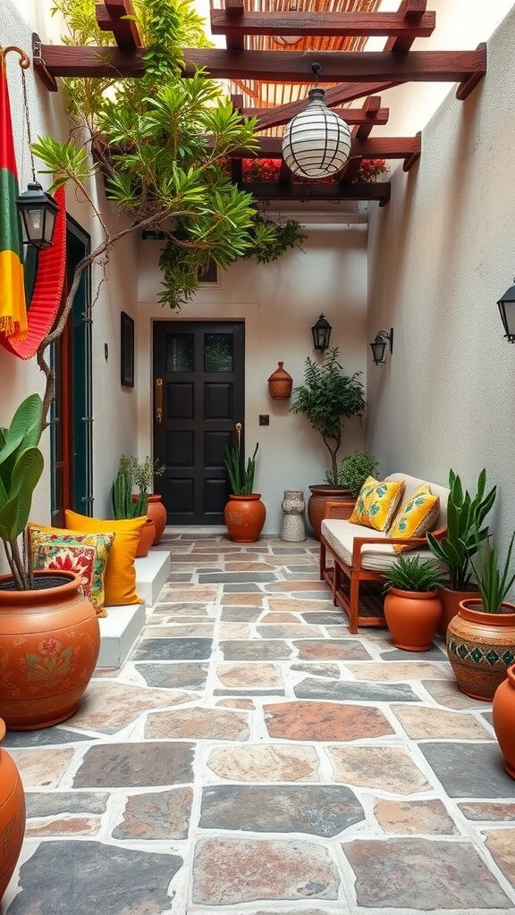 A rustic patio featuring stone pavers, lush plants, and colorful cushions.