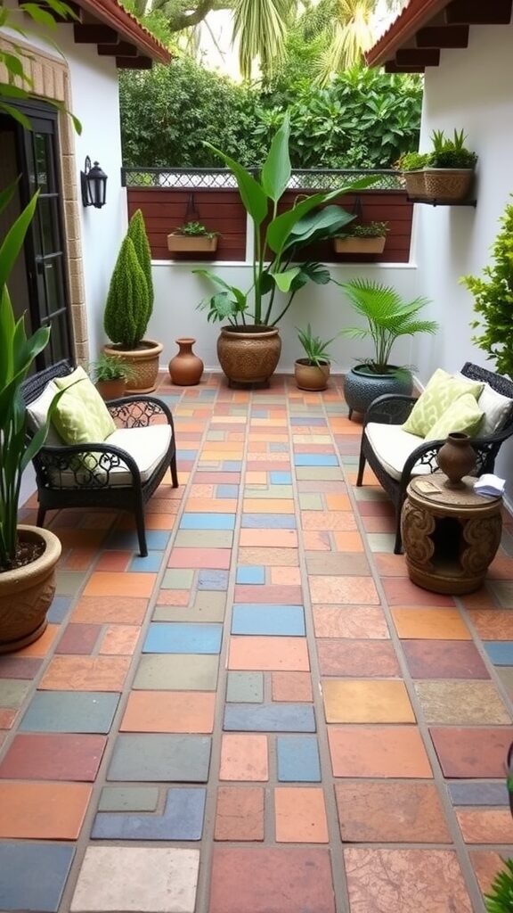 Colorful pavers on a patio surrounded by plants and comfortable seating.