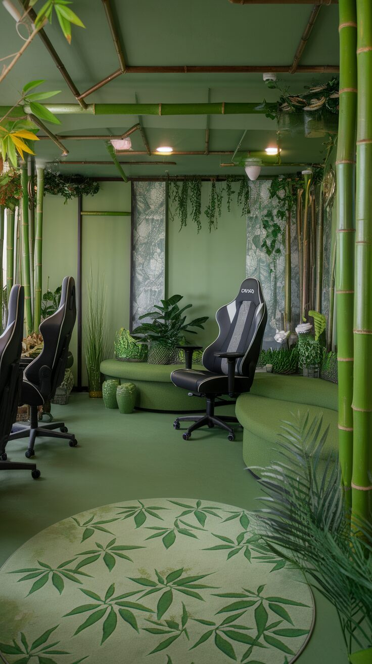 A green gaming room featuring bamboo elements, plants, and a cozy setup