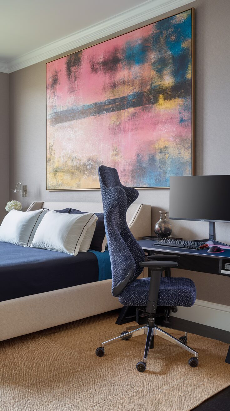 Stylish guest bedroom with a gaming setup and colorful wall art.