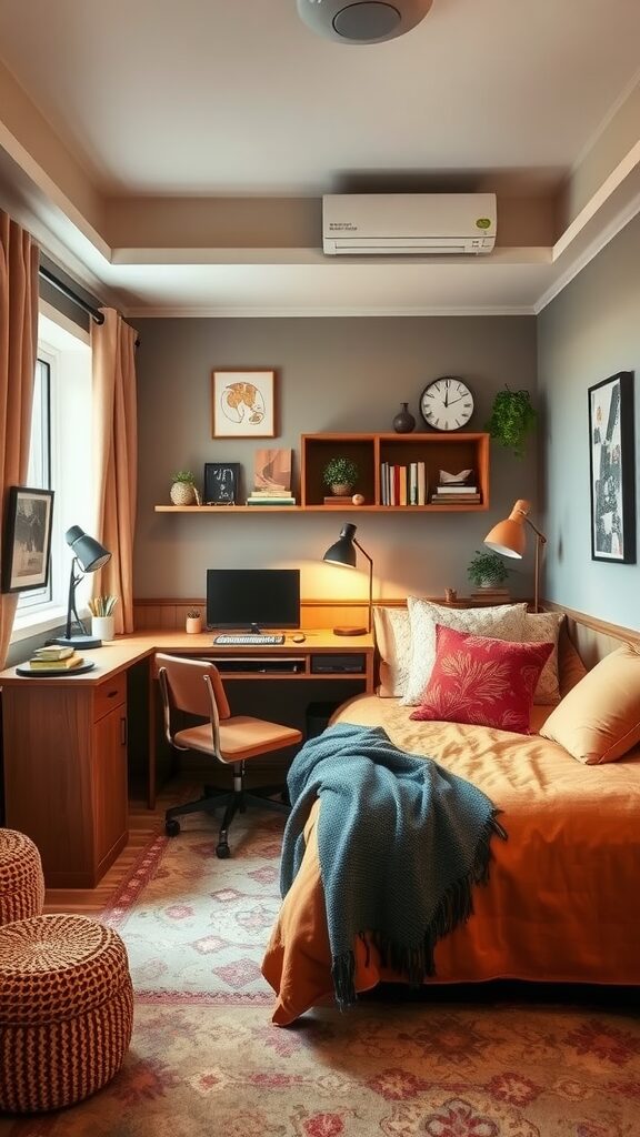 Cozy guest room office combo featuring a desk, twin bed, and warm decor