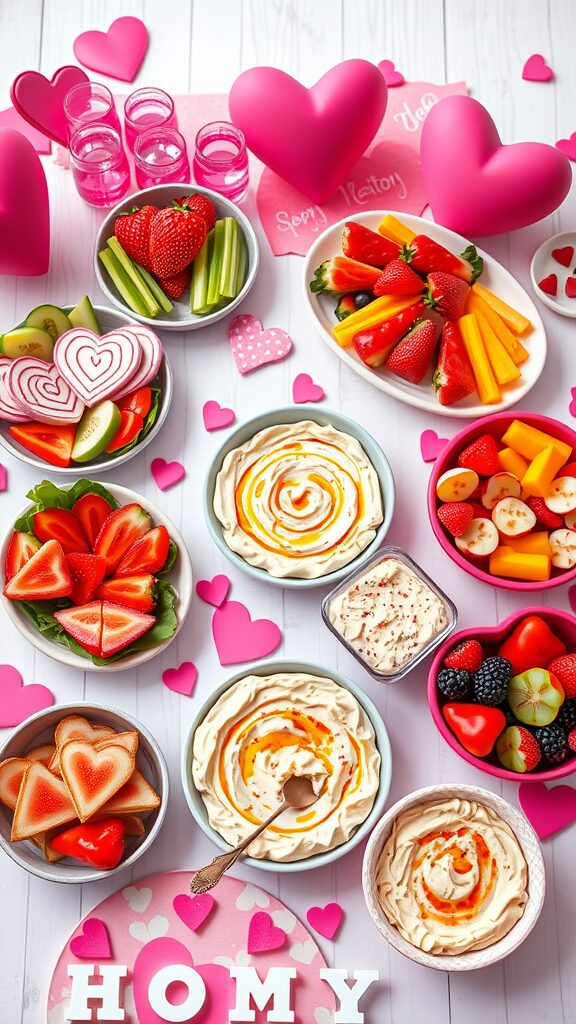 A colorful spread of healthy snacks for Valentine's Day, featuring fruits, veggies, dips, and heart-shaped treats.