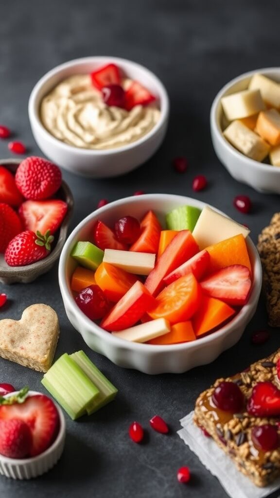 A colorful selection of healthy Valentine's Day snacks including fruits, veggies, and heart-shaped treats.