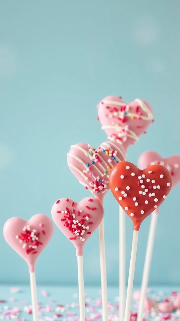 Colorful heart-shaped cake pops decorated with sprinkles on sticks against a blue background.