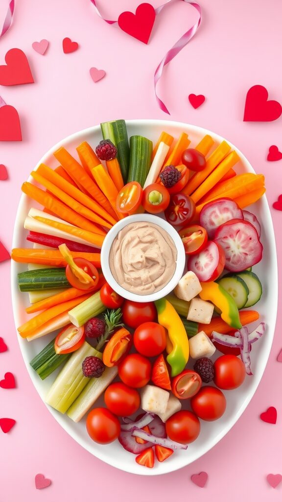 Heart-shaped veggie platter with various colorful vegetables and a creamy dip in the center, surrounded by small heart decorations.