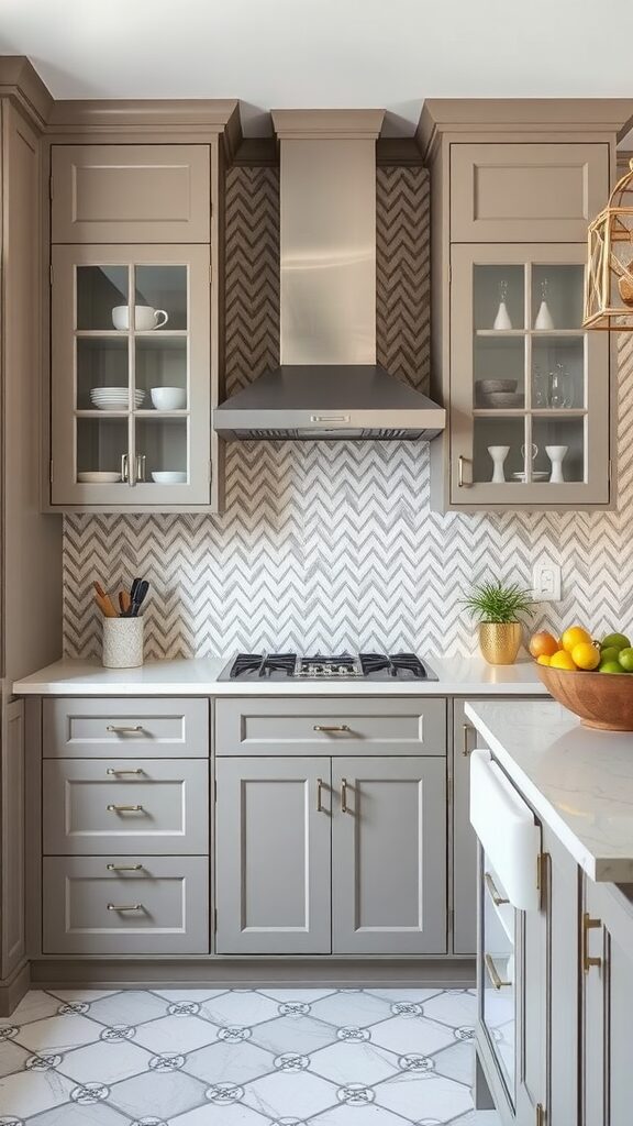 Stylish kitchen featuring herringbone backsplash and taupe cabinets.