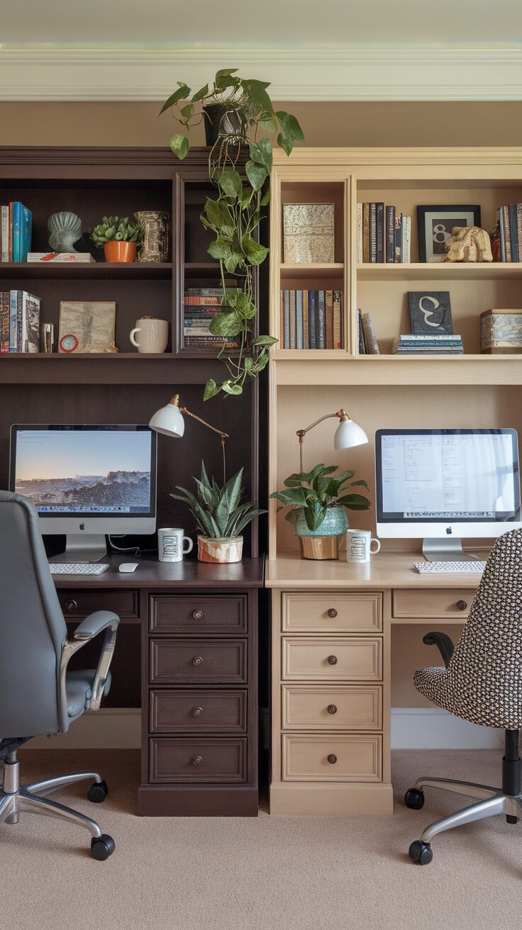 A stylish dual workstation setup with two desks, plants, and decorative shelves.