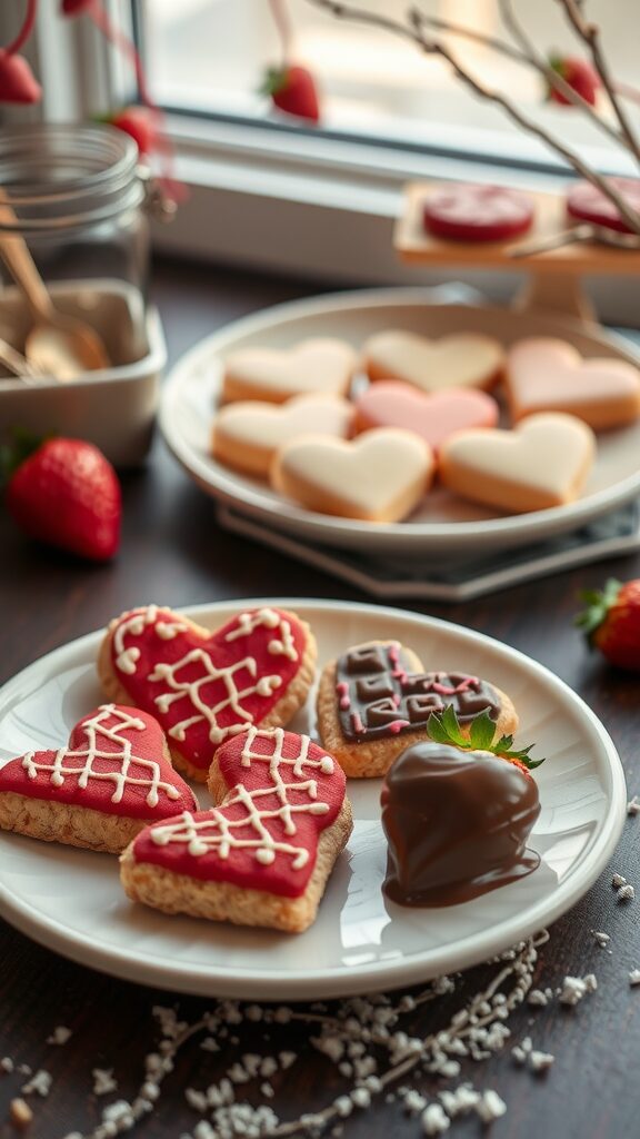 A plate of heart-shaped cookies decorated with icing and chocolate-covered strawberries, set against a cozy background.