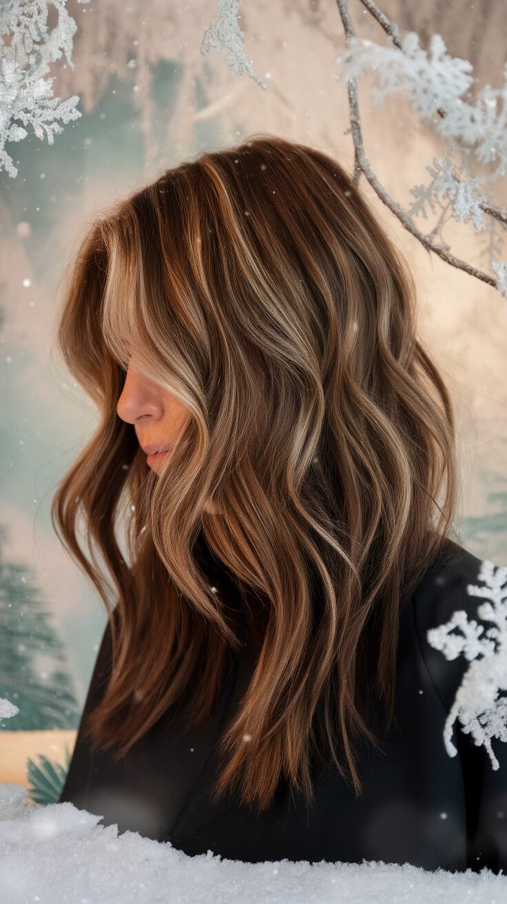 Brunette hair with honey highlights styled in soft waves against a wintery backdrop.