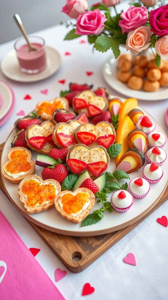 A colorful Galentine's Day appetizer platter featuring heart-shaped treats, strawberries, and assorted sweets.