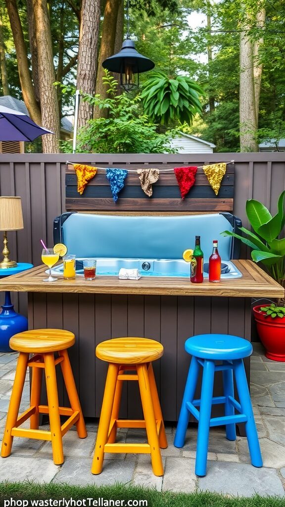 A colorful hot tub bar area with stools and drinks in a backyard setting.