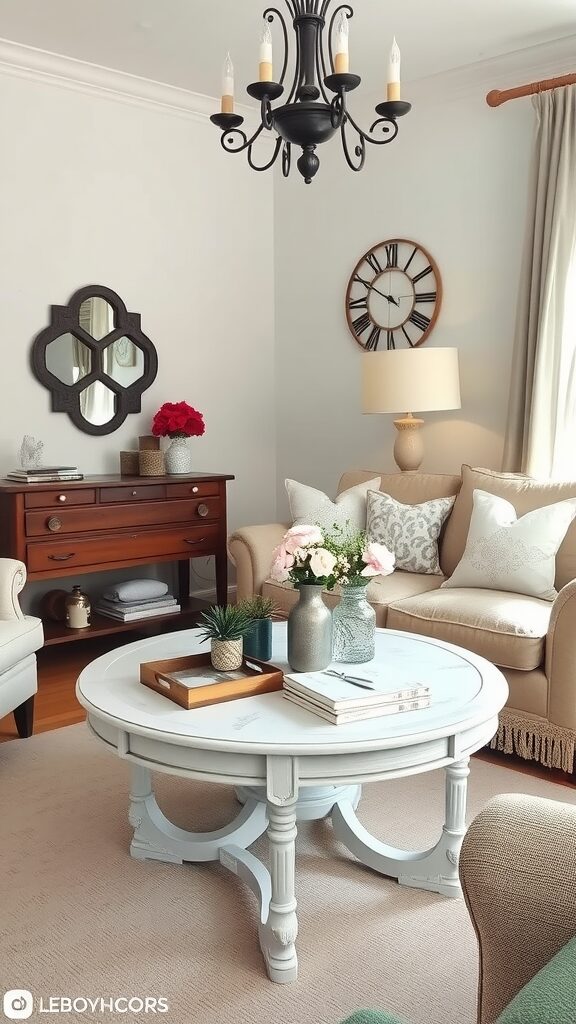 A beautifully styled round table in a cozy living room setting.