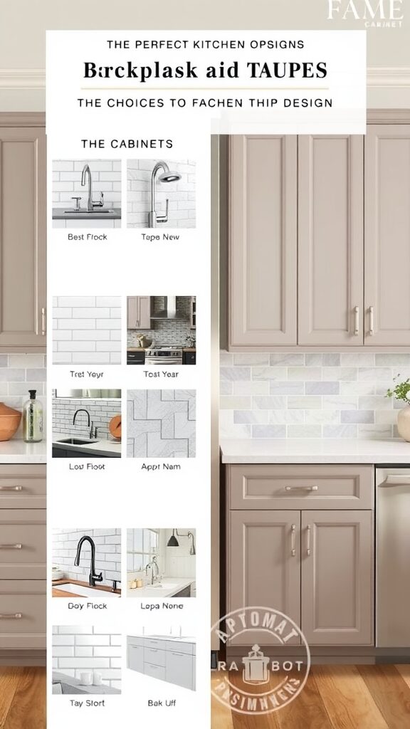 Design options for backsplashes suitable for taupe kitchen cabinets.