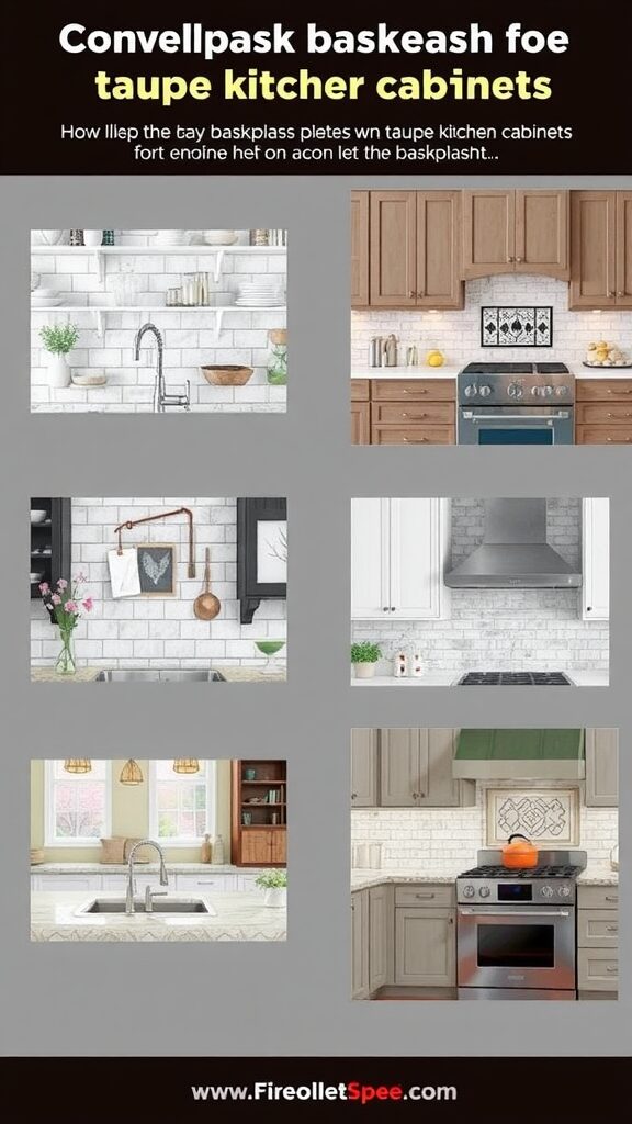 Kitchen design featuring taupe cabinets and various backsplash ideas.