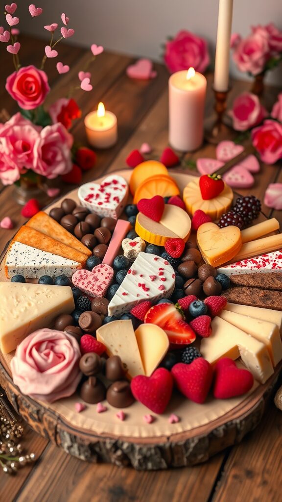 A beautifully arranged Galentine's snack board with cheeses, fruits, and chocolates.