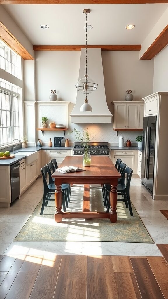 A bright kitchen featuring a long wooden table in the middle surrounded by black chairs, with large windows allowing natural light.