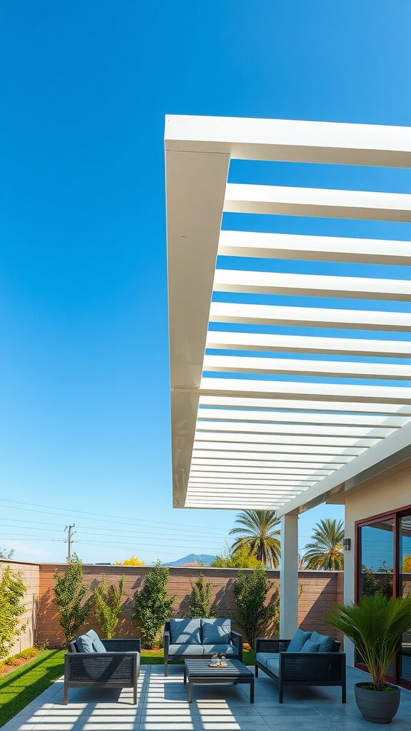 A modern pergola with a sleek design shading a stylish patio with outdoor furniture.