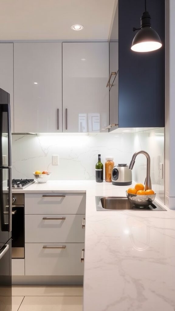 A modern small kitchen featuring sleek cabinets and a stylish backsplash.