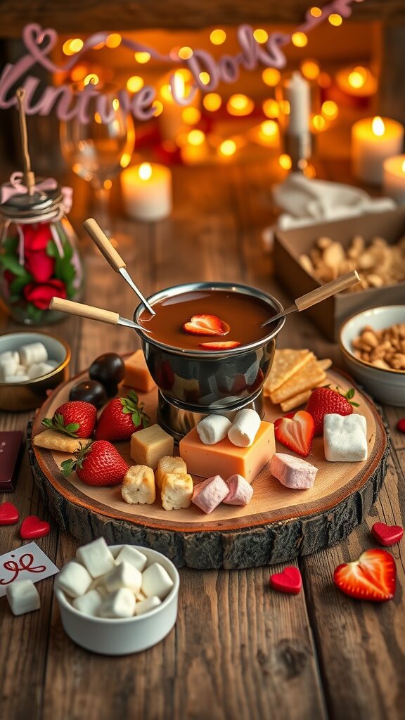 A beautifully arranged Valentine's Day fondue board with chocolate, strawberries, marshmallows, and assorted cookies.