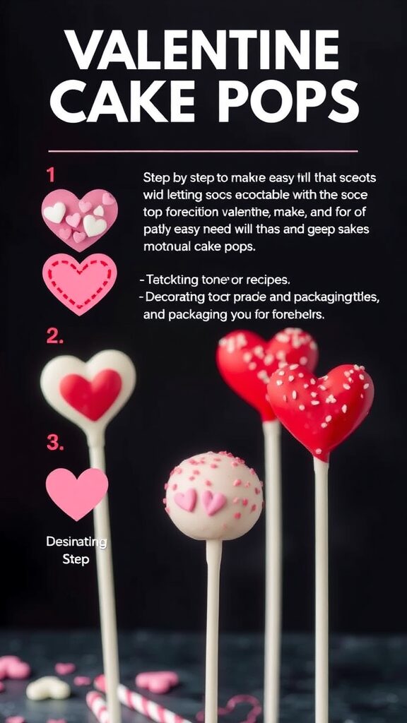 Step-by-step guide on how to make Valentine cake pops with heart designs.