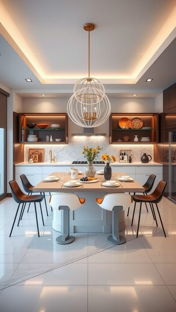 A modern kitchen with a stylish table in the middle, surrounded by elegant chairs and decorative items.