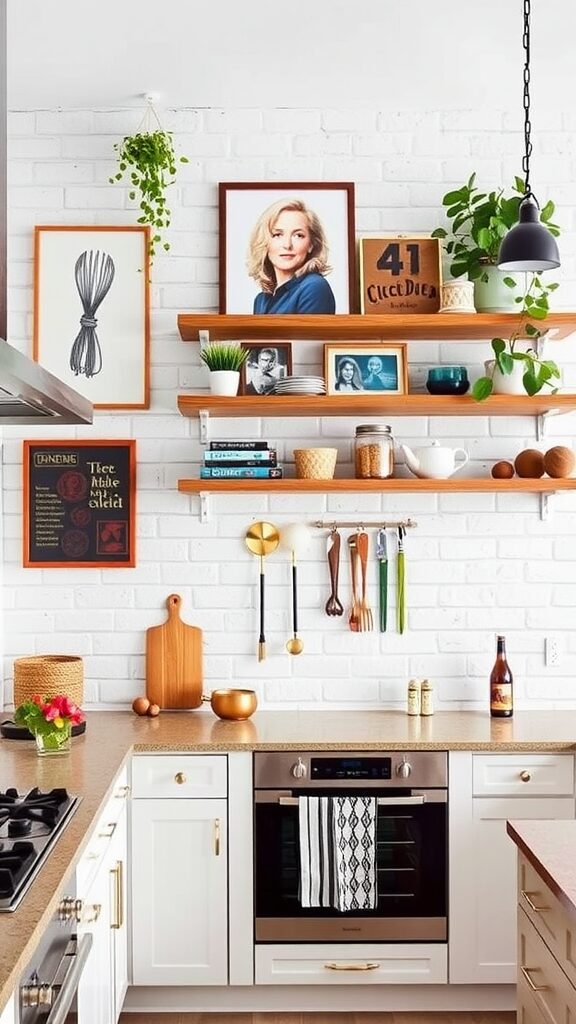 A bright kitchen featuring a white brick wall, white cabinets, and decorative shelves.