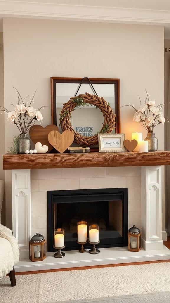 A beautifully decorated mantel with farmhouse Valentine decor including wooden hearts, candles, and floral arrangements.