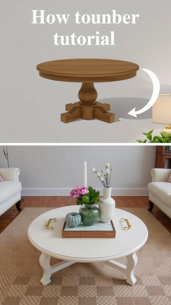 Before and after image of a round pedestal table turned into a stylish coffee table.