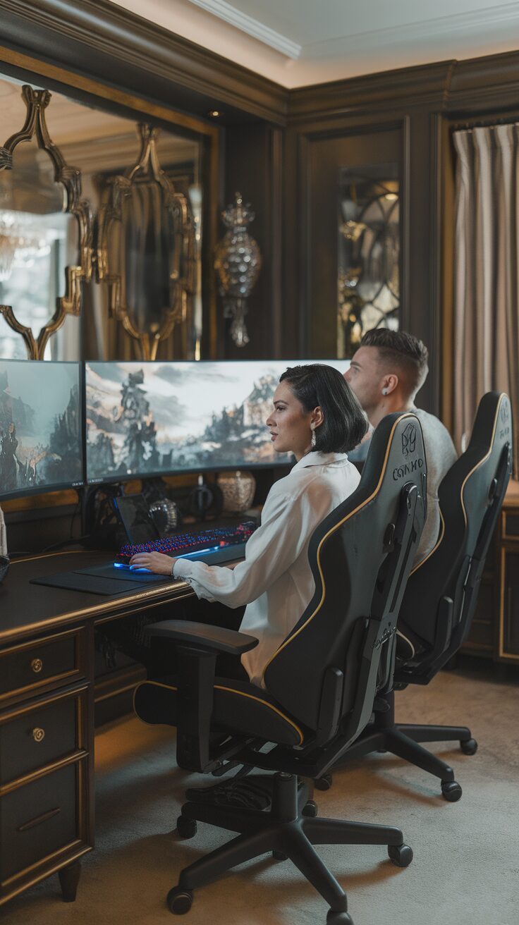 A couple sitting side by side at a stylish gaming desk with dual monitors.