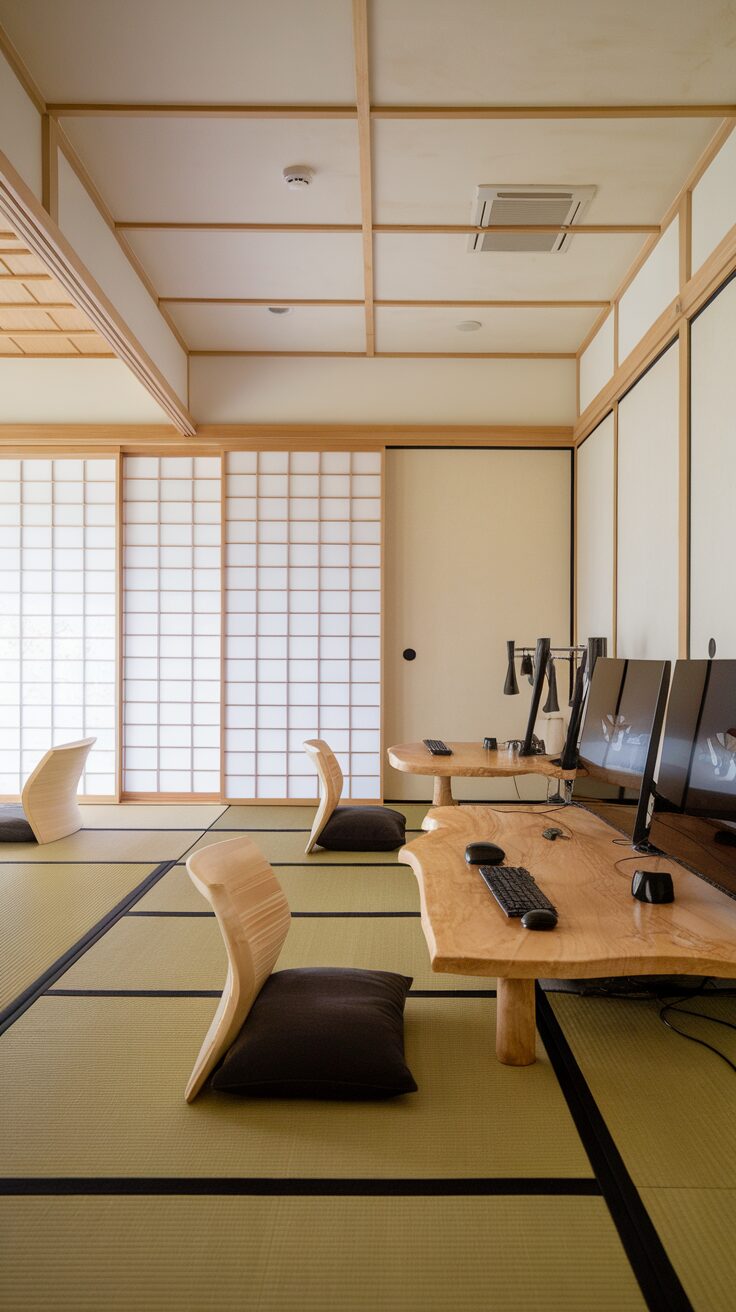 A modern gaming room featuring a Japanese desk aesthetic with wooden furniture and tatami flooring.