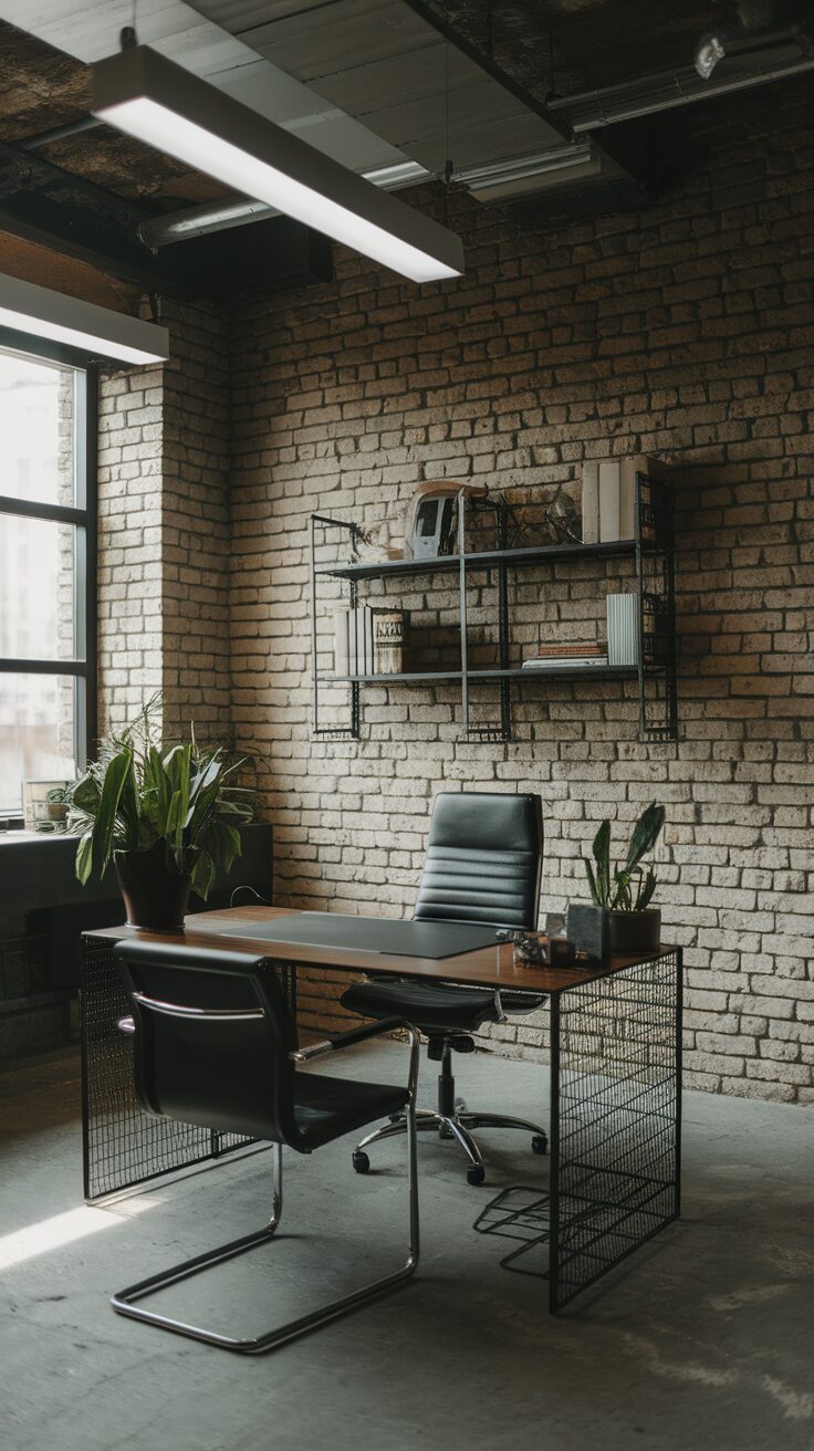 Modern industrial workspace featuring a black desk and chair, exposed brick wall, and open shelving with plants.