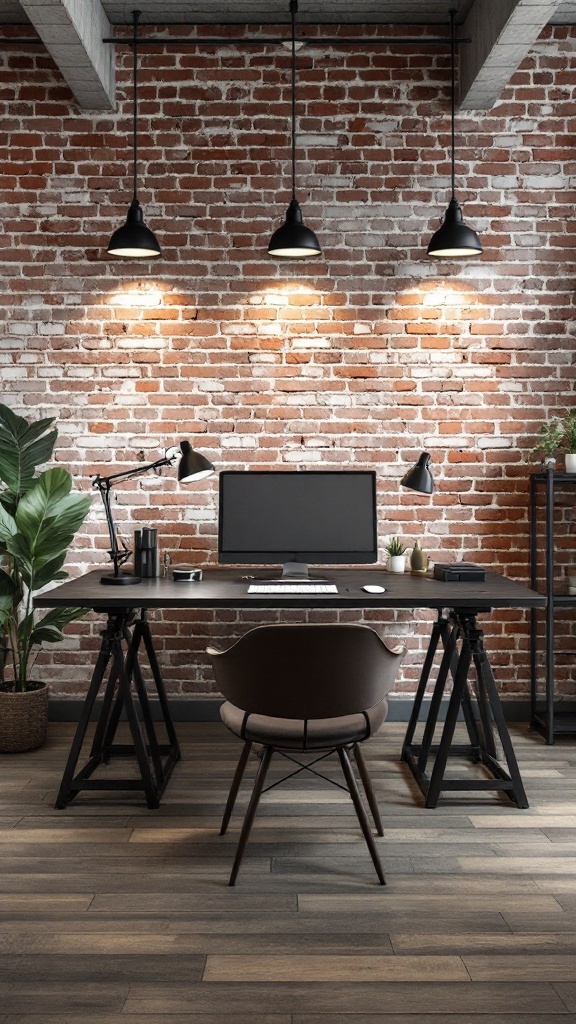 A modern industrial home office with an exposed brick wall, sleek desk, and stylish lighting.