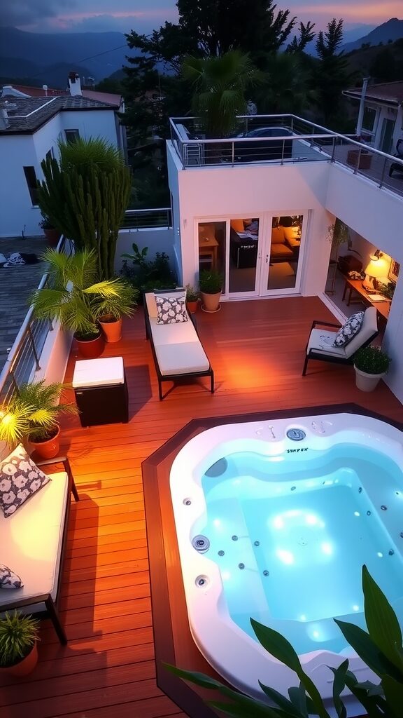 A serene outdoor patio featuring a patio jacuzzi surrounded by plants and comfortable seating.