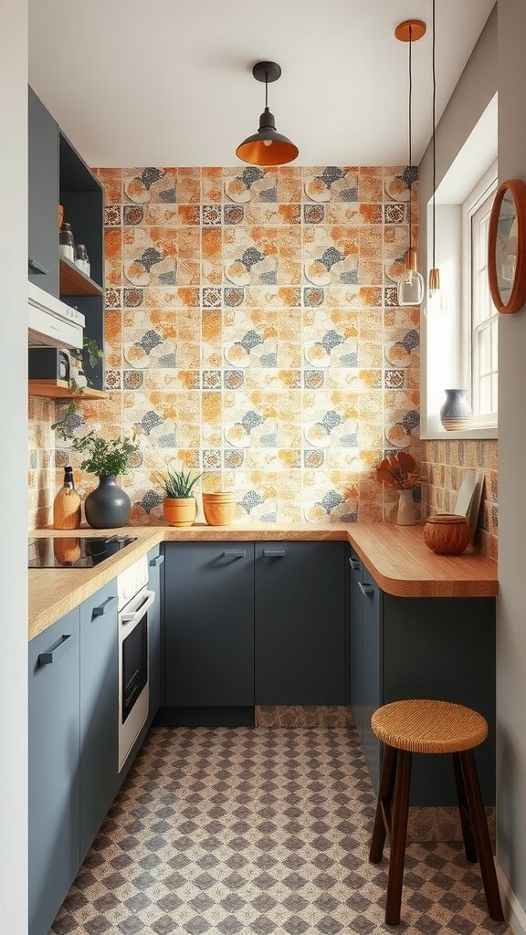 A compact kitchen featuring a patterned tile backsplash with earthy tones, modern cabinets, and wooden countertops.