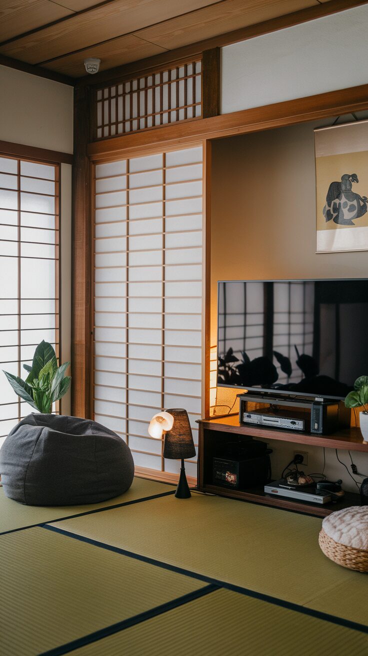 A cozy Japanese gaming room with tatami mats, a gaming setup, and soft lighting.