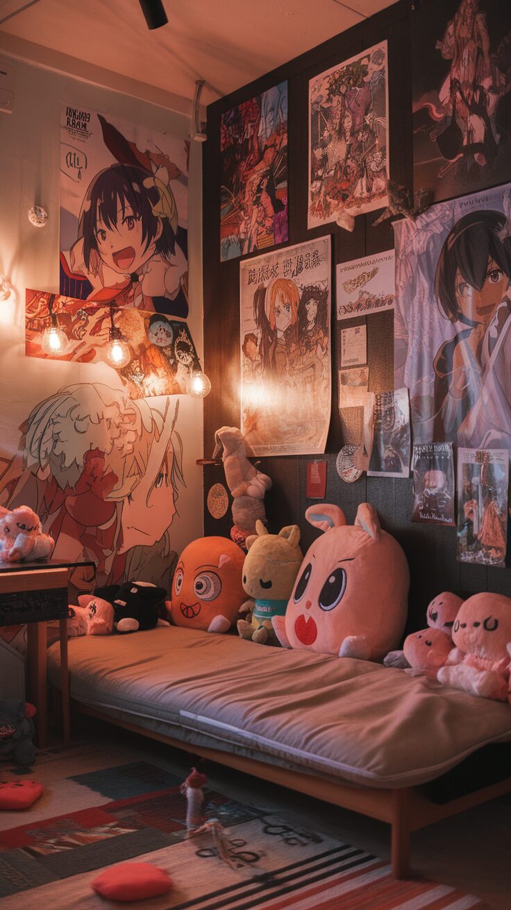 Cozy anime room with posters and plushies on walls and bed