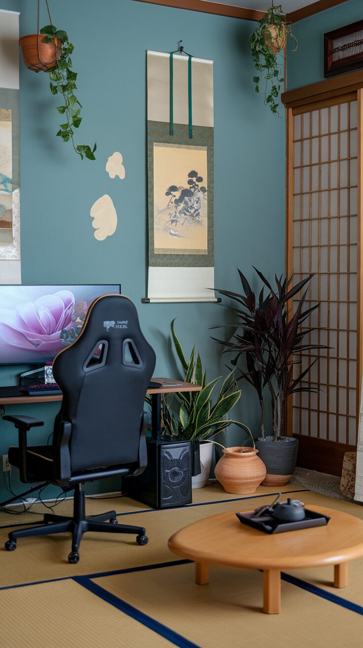 A serene Japanese gaming room with a gaming desk, plants, and wall decorations.