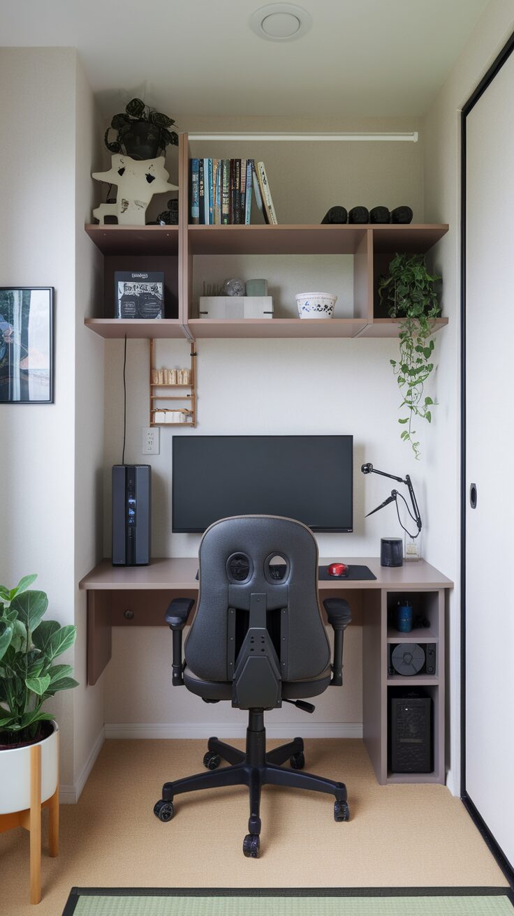 A compact Japanese gaming room setup featuring a desk, computer, and plants.