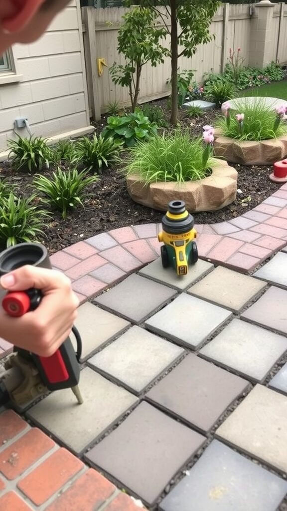 A close-up of someone working with stone pavers in a garden setting