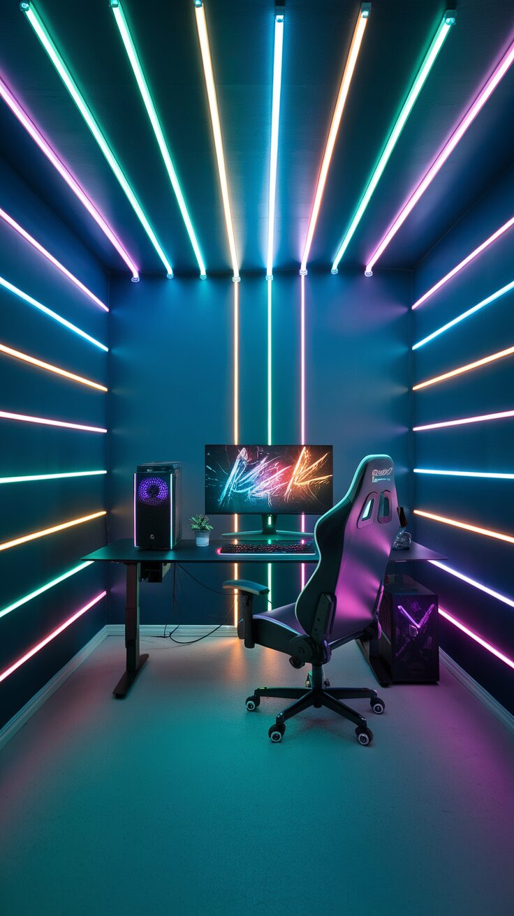 A modern gaming room with colorful LED lights and a sleek desk setup.