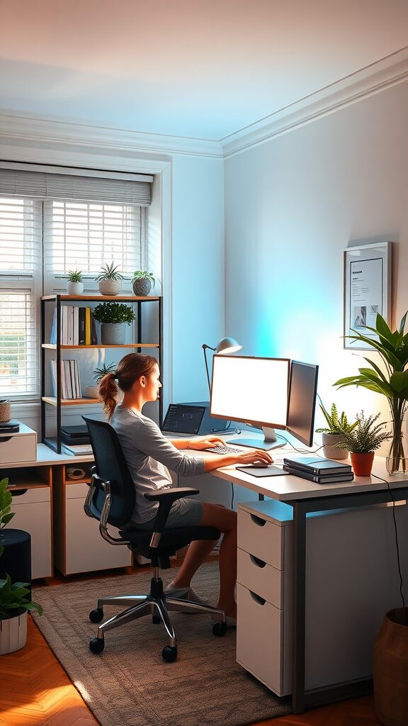 A well-lit home office with a person working at a desk, featuring LED lights and plants.