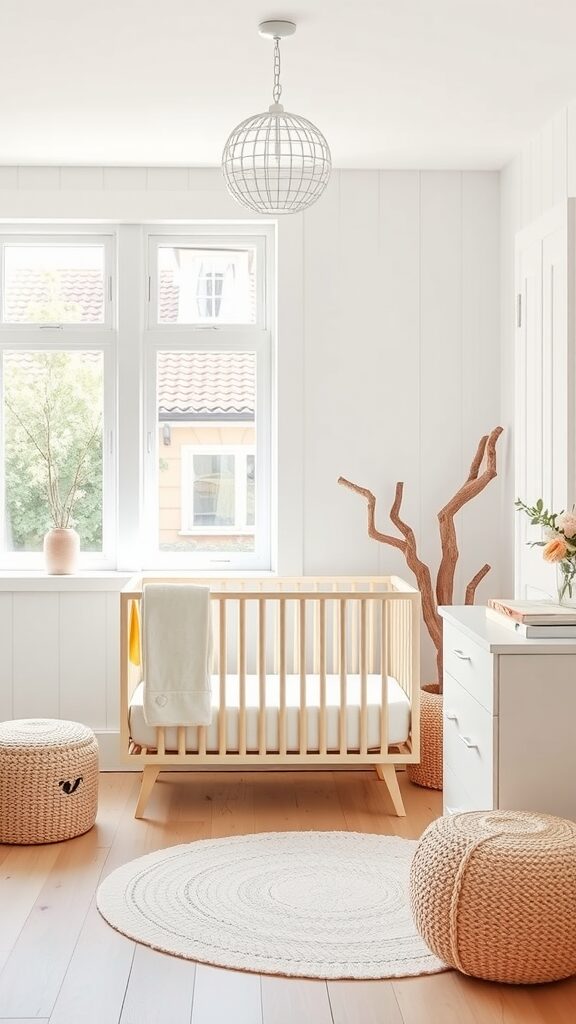 A beautifully designed white and wood nursery with a crib, round rug, and natural decor.